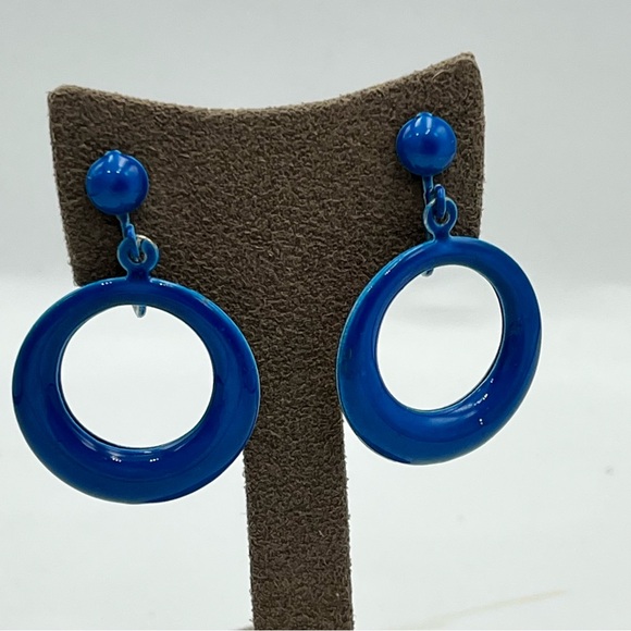 Vintage enamel Modern Blue Geometric Hoop Earrings - Picture 3 of 5